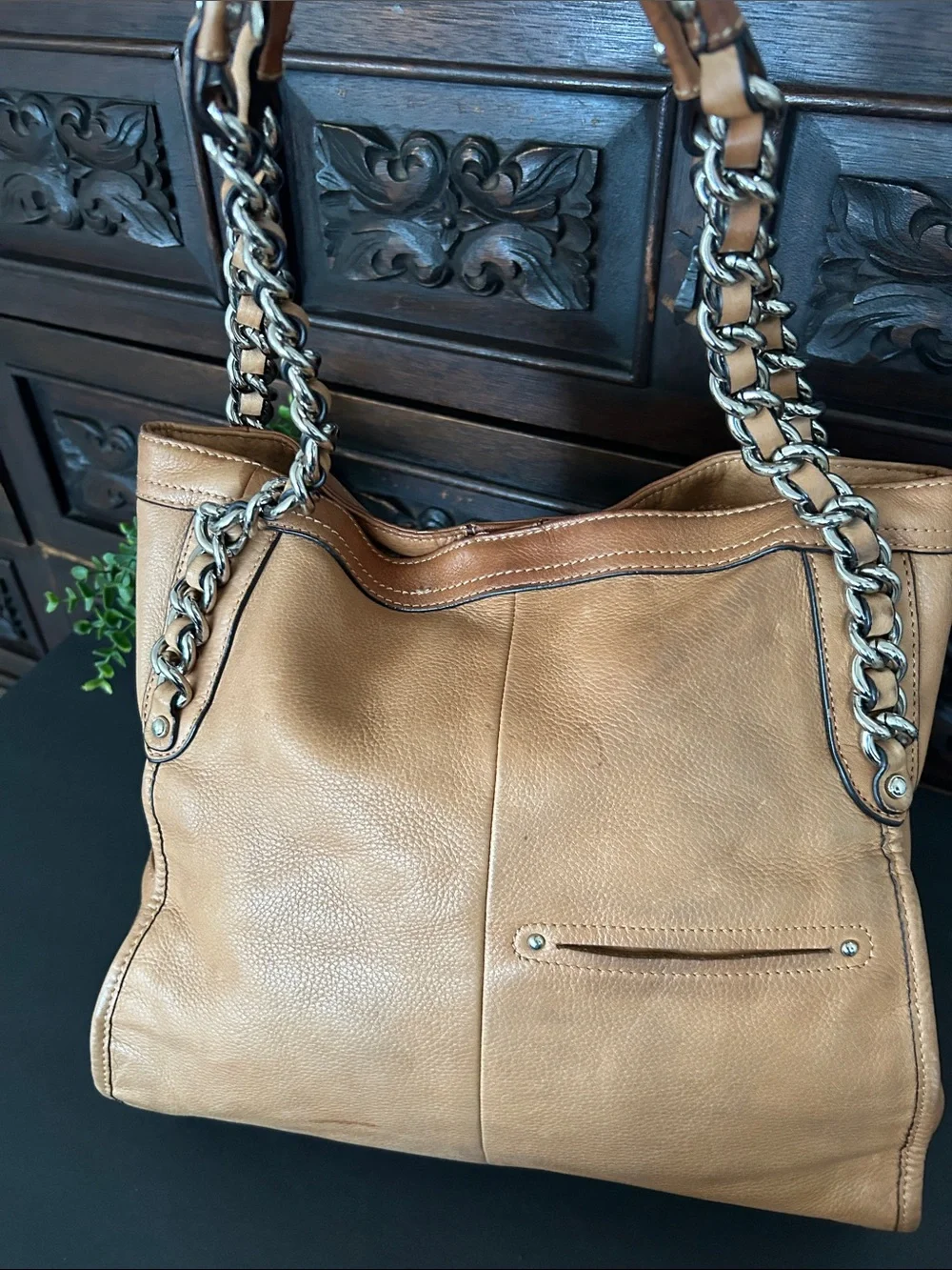 b. makowsky Tan Leather Chain-Accent Shoulder Bag